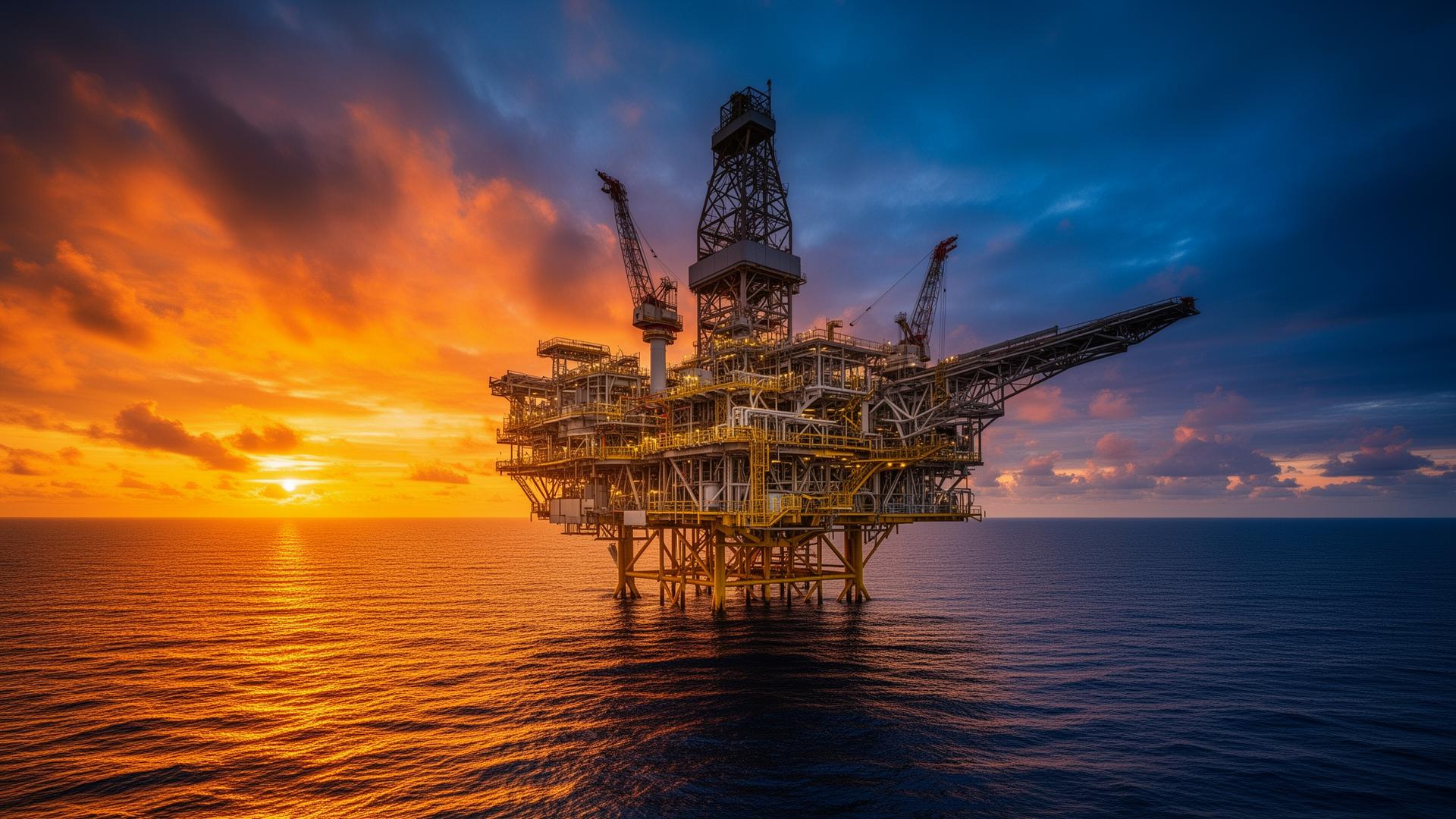 Plateforme pétrolière offshore au coucher du soleil