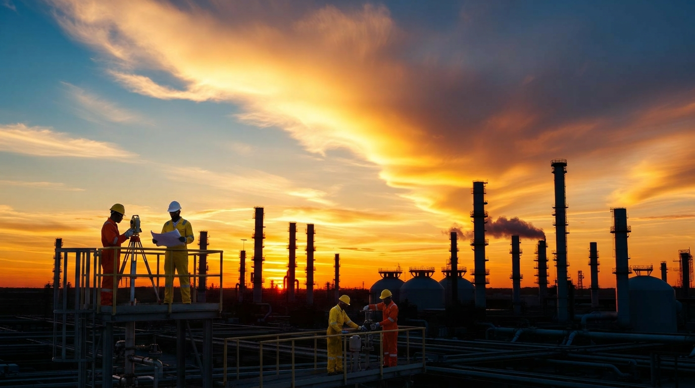 Raffinerie industrielle au coucher du soleil